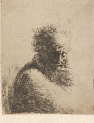 Bust of an old bearded man, looking down, three quarters right