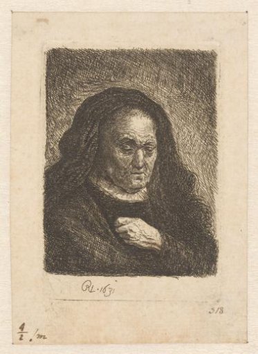 The artist's mother with her hand on her chest