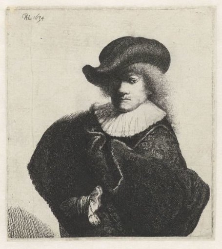 Self-portrait in a soft hat and a patterned cloak