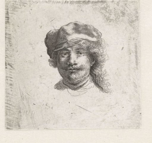 Self-portrait wearing a soft cap: full face, head only