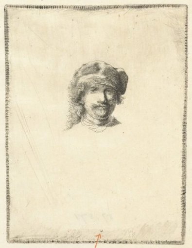 Self-portrait wearing a soft cap: full face, head only