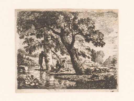 Three figures by a tree by the water