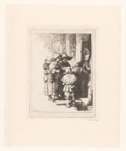 A blind hurdy-gurdy player and family receiving alms