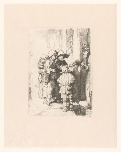 A blind hurdy-gurdy player and family receiving alms