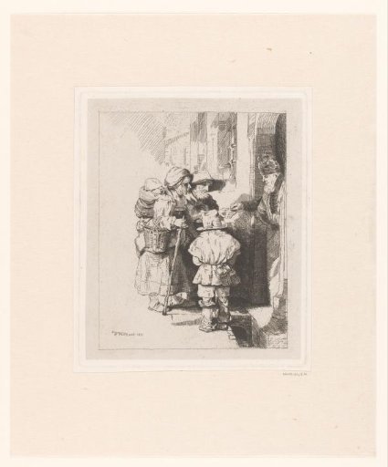 A blind hurdy-gurdy player and family receiving alms