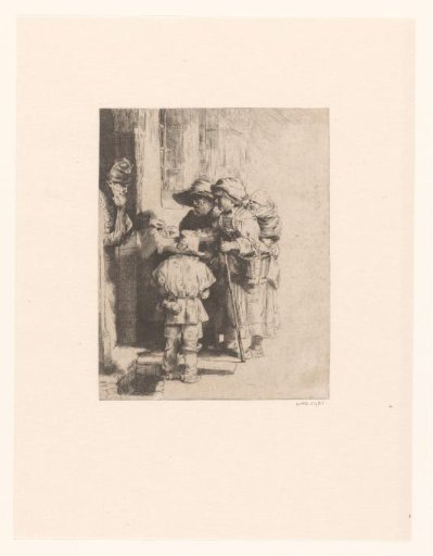 A blind hurdy-gurdy player and family receiving alms