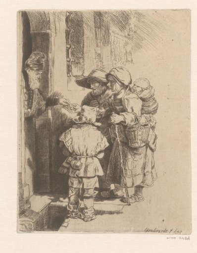 A blind hurdy-gurdy player and family receiving alms