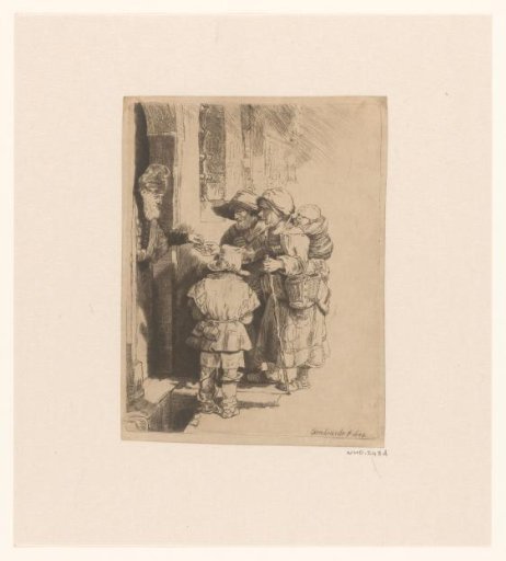 A blind hurdy-gurdy player and family receiving alms