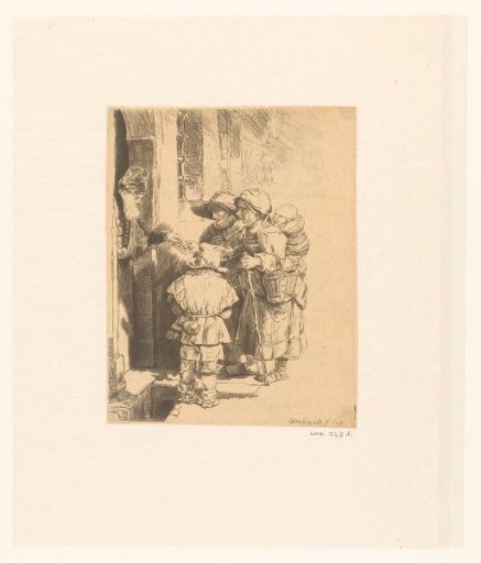 A blind hurdy-gurdy player and family receiving alms