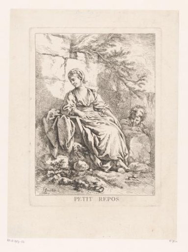 Resting young woman and child by a wall