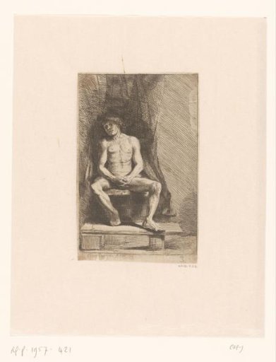 Nude man seated before a curtain