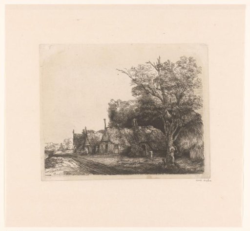 Landscape with three gabled cottages beside a road