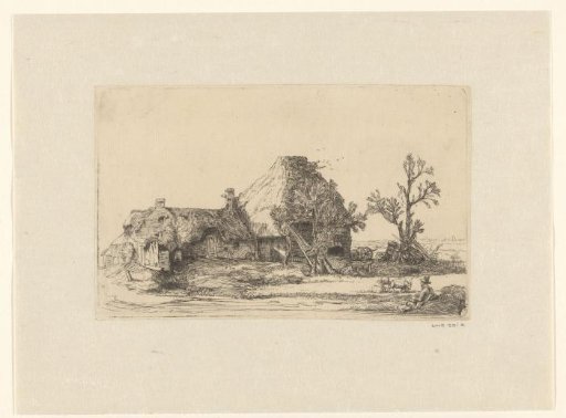 Cottages and farm buildings with a man sketching