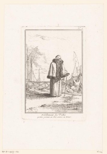 Old Muscovite woman with staff in a short cloak