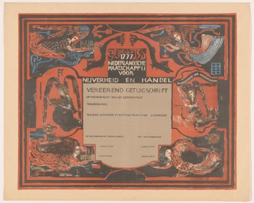 Charter of the Nederlandsche Maatschappij voor Nijverheid en Handel, with angels and objects related to industry