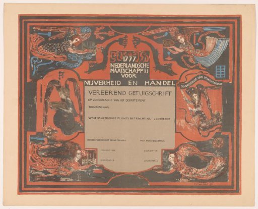 Charter of the Nederlandsche Maatschappij voor Nijverheid en Handel, with angels and objects related to industry