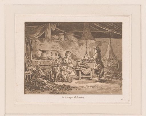 Interior of a Barn with Two Figures on a Bench and a Man by a Fire