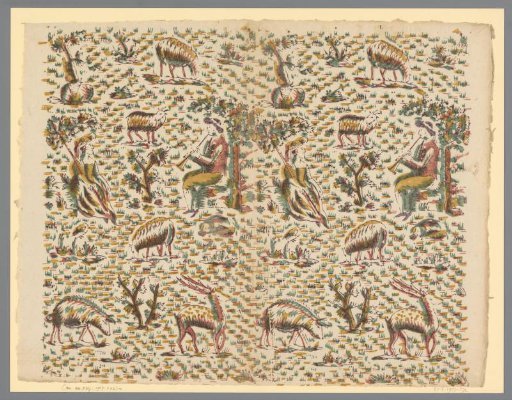 Sheet with a flute-playing shepherd and a seated shepherdess surrounded by animals