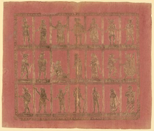Sheet with three rows of seven figures from a play