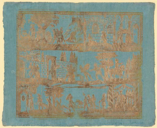 Sheet with knightly scenes in three rows