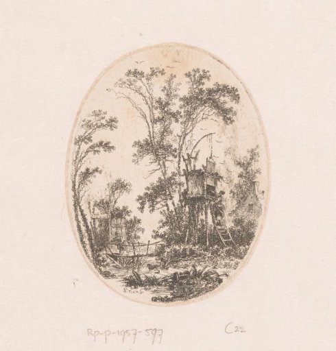 Landscape with a wooden structure on piles, a woman on a bridge on the left