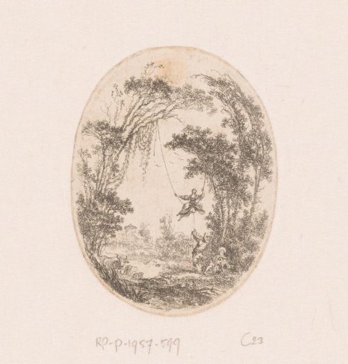 Forest landscape with a woman on a swing