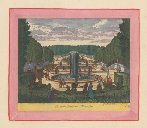 Three fountains in the gardens of Versailles, seen from the upper terrace