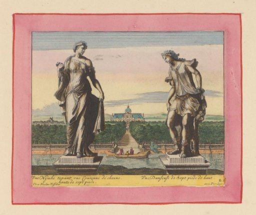 Statues of a nymph with a laurel wreath and a dancer