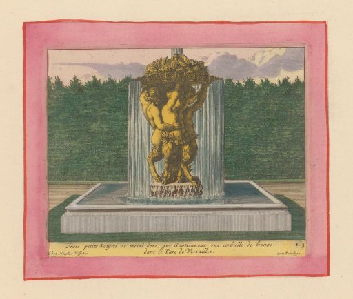 Fountain with a statue of three satyrs carrying a basket above their heads