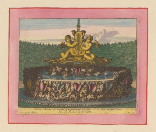 Fountain with a sculpture of two winged putti carrying a lyre