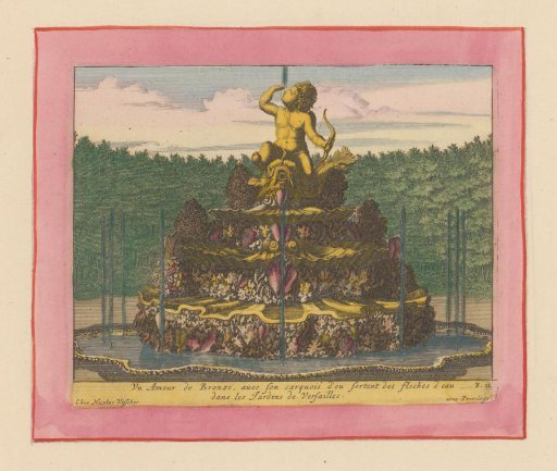 Fountain with a putto holding a bow, seated on a dolphin