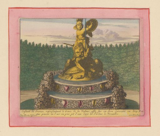 Fountain with a helmeted putto holding a shield and sword, seated on a lion