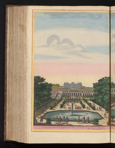 View of the large pond with fountain and the orangery of the Château de Meudon
