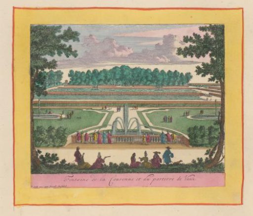 View of the crown fountain and the parterres in the garden of Château de Vaux-le-Vicomte