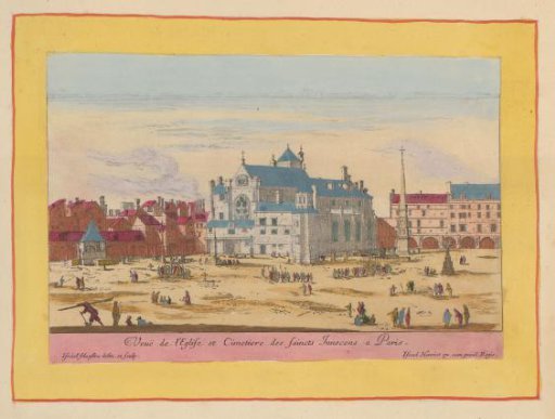 View of the Église des Saints-Innocents and the adjacent cemetery in Paris