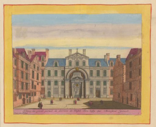 View of the main entrance gate of the Hôtel-Dieu in Paris