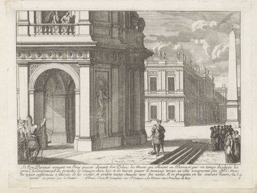 A king and the Muses before a palace
