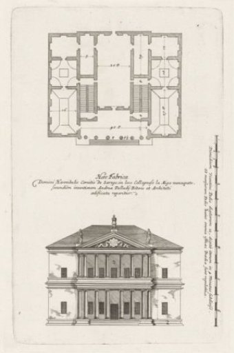 Plan and façade of a villa designed by Andrea Palladio