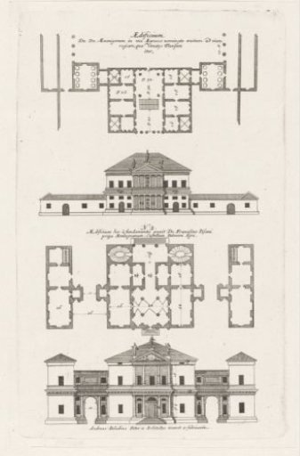 Plans and façades of two villas designed by Andrea Palladio