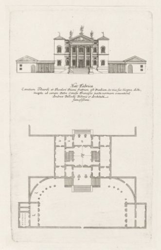 Plan and façade of a villa designed by Andrea Palladio
