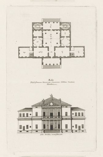 Plan and façade of a villa designed by Andrea Palladio