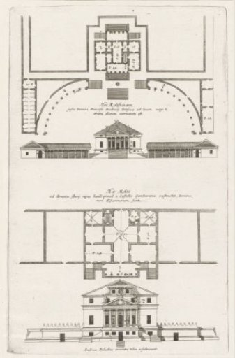 Plans and façades of two villas designed by Andrea Palladio