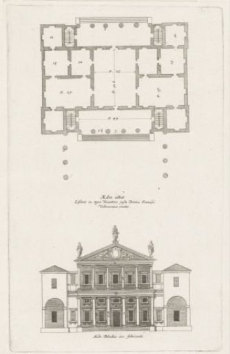 Plan and façade of a villa designed by Andrea Palladio