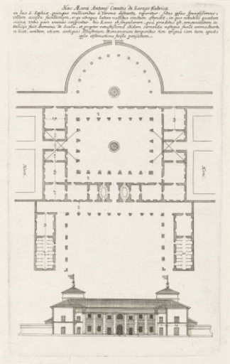 Plan and façade of a villa designed by Andrea Palladio