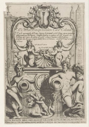 Title print with personifications of the Tiber and the Nile, female figures with fish tails, obelisks and columns