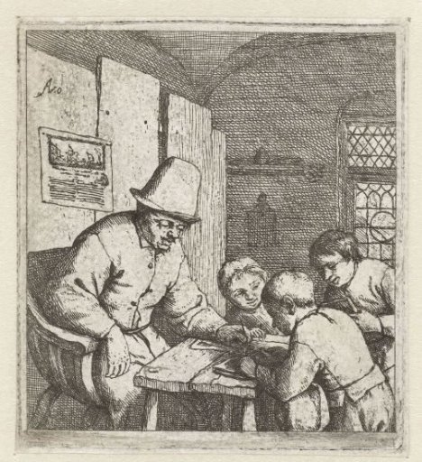 Schoolmaster with three pupils at a table