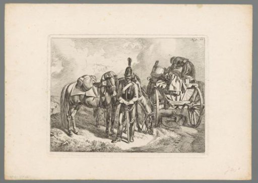 Cuirassier beside two horses and a cart