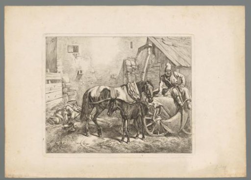 Mare with foal and two resting men