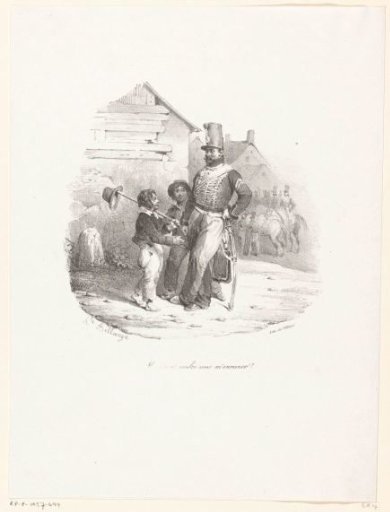 Two boys ask a soldier to take them along