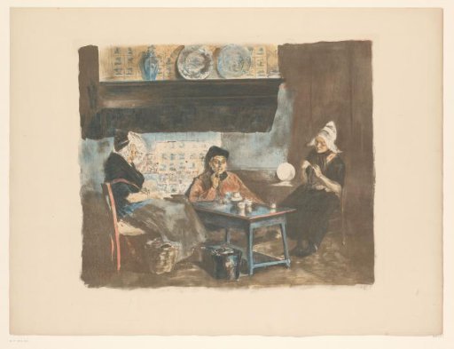 Interior with two women and a man around a table
